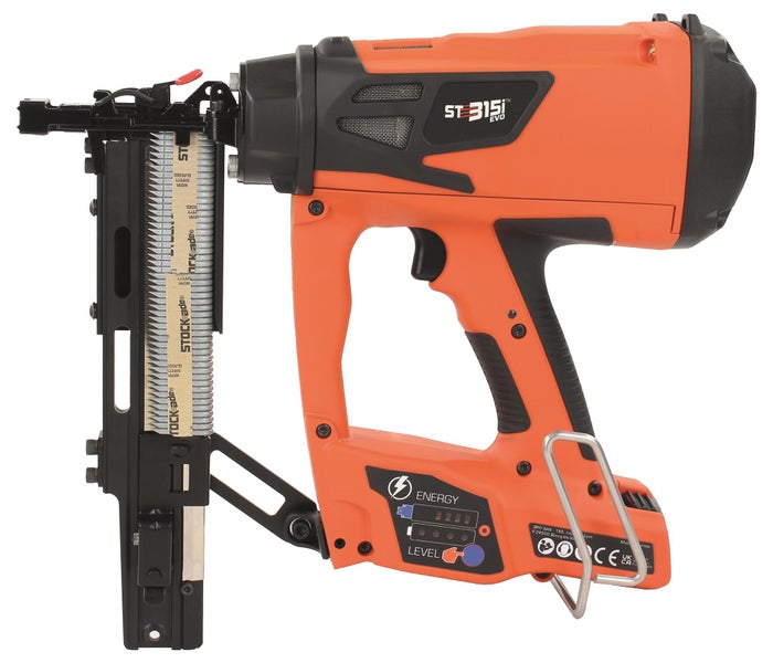 Akku-Gas-Zaunklammergerät Stockade ST315i EVO in Orange und Schwarz mit gefülltem Magazin.