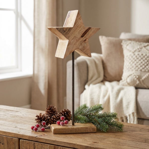 Weihnachtsdekoration Holzstern auf Ständer mit Tannenzapfen und Beerenzweigen als festliche Tischdekoration für die Winterzeit