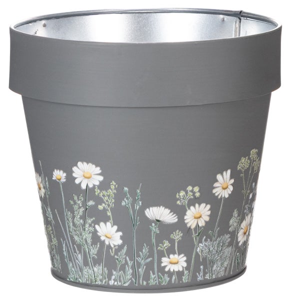 Übertopf aus Zink in Grau mit Gänseblümchen-Motiv.