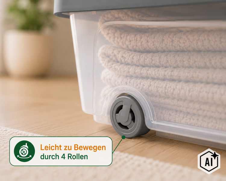 Transparente Aufbewahrungsbox mit Deckel und vier Rollen für einfache Mobilität mit gefalteter Decke im Innenraum