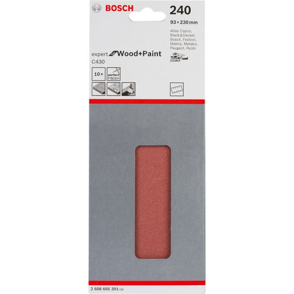 Bosch Schleifpapier Expert Wood plus Paint, Körnung 240, Größe 93 mal 230 Millimeter