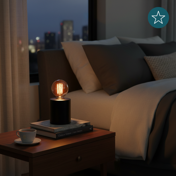 Nachttischlampe mit Edison Glühbirne auf einem Holztisch neben einem Bett