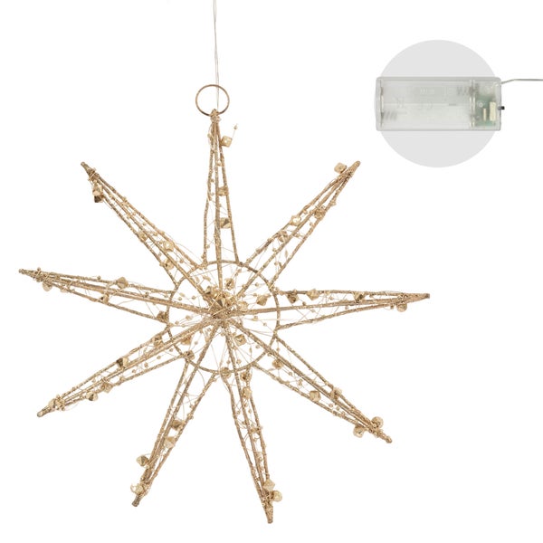 ECD Germany LED Deko Weihnachtsstern 30cm mit 30 warmweißen LEDs, Gold, batteriebetrieben, Metall, Weihnachten Schneeflocke zum Aufhängen mit Beleuchtung & Timer, Innen, Weihnachtsdeko Fensterdeko