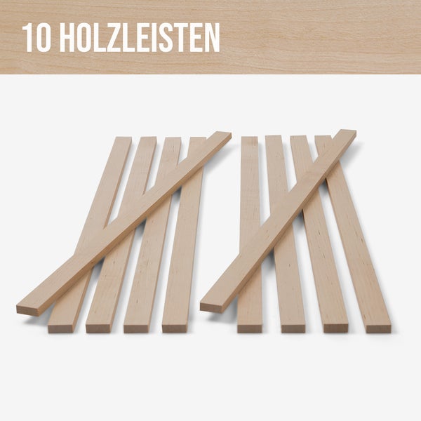 Zehn rechteckige Holzleisten aus hellem Holz.
