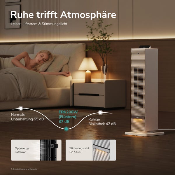Turmventilator mit Stimmungslicht im Schlafzimmer, zeigt 37 Dezibel Lautstärke, optimiertes Lüfterrad und Schalter für Lichtfunktion.