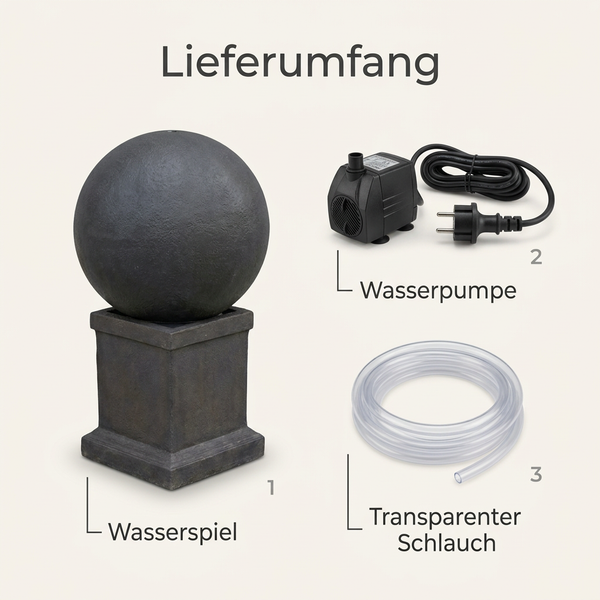 Lieferumfang eines Gartenbrunnens bestehend aus Wasserspiel mit Kugel auf Sockel, Wasserpumpe mit Netzkabel und transparentem Schlauch.