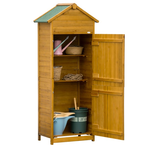 Outsunny Gartenschrank Holz, Geräteschuppen wetterfest 79x49x191,5cm, Gerätehaus mit Doppeltür, Satteldach, Geräteschrank mit Böden, Werkzeugschrank Gartenschuppen für Garten, Terrasse, Naturholz