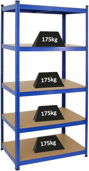 Blaues Schwerlastregal aus Metall mit fünf Böden aus Holzfaserplatte, Belastbarkeit pro Boden 175 Kilogramm.