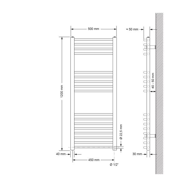 ECD Germany Badheizkörper Elektrisch mit Heizstab 1200W Große Leistung - 500 x 1200 mm - Chrome - gebogen mit Seitenanschluss - Heizkörper Handtuchwärmer Handtuchtrockner