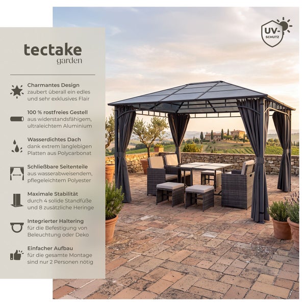 Tectake Gartenpavillon mit Aluminiumgestell und Polycarbonatdach auf einer Terrasse mit Sitzgruppe sowie UV Schutz Siegel.