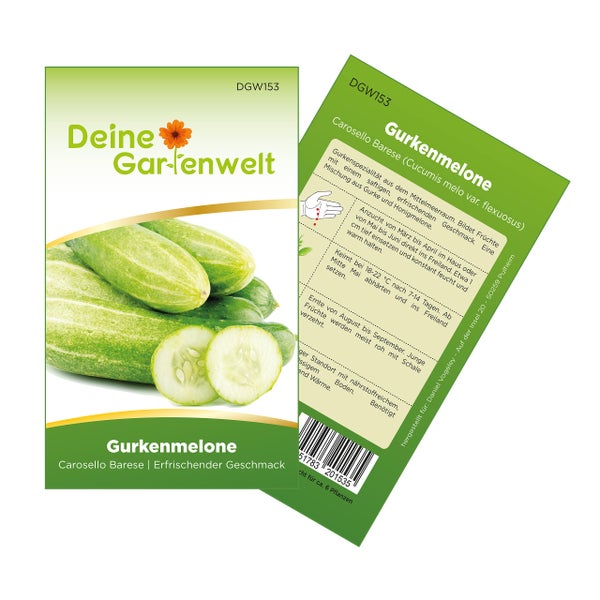 Samenpäckchen für Gurkenmelone Carosello Barese mit Deine Gartenwelt Logo, Abbildung der Früchte und Anbauanleitung auf der Rückseite.