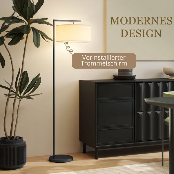 Moderne Stehlampe mit zylindrischem Lampenschirm aus Stoff, geeignet für verschiedene dimmbare Leuchtmittel, Lieferung ohne Leuchtmittel.