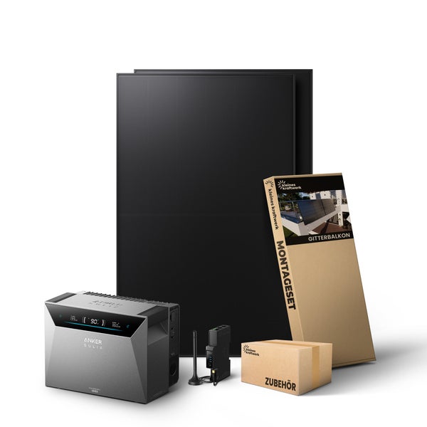 Balkonkraftwerk Set mit zwei Solarmodulen, Anker SOLIX Batteriespeicher, Montageset für Gitterbalkone, Wechselrichter und Zubehör.