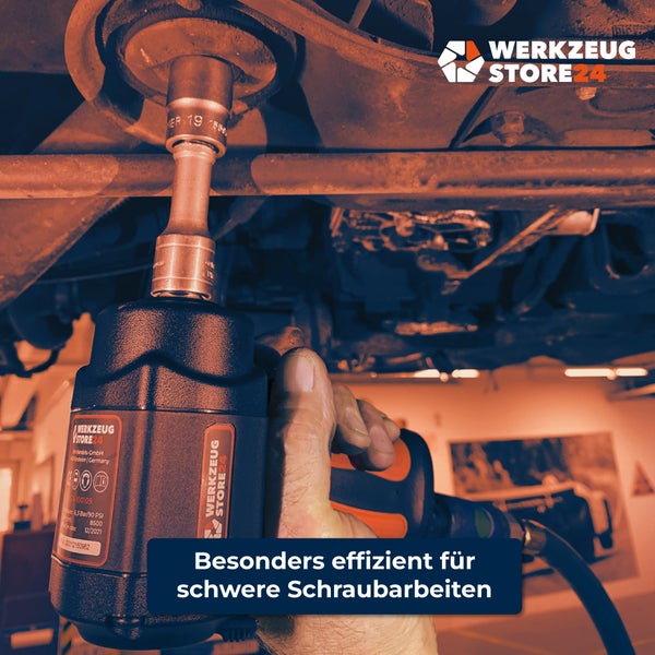 Werkzeugstore24 Druckluft-Schlagschrauber im Einsatz zur Befestigung von Schrauben an einem Fahrzeug.