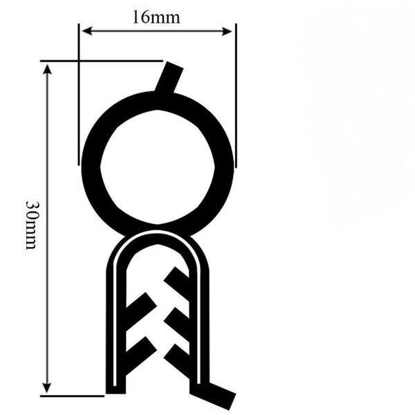 Technische Zeichnung einer EPDM Klemmdichtung mit 16 Millimeter Breite und 30 Millimeter Höhe.