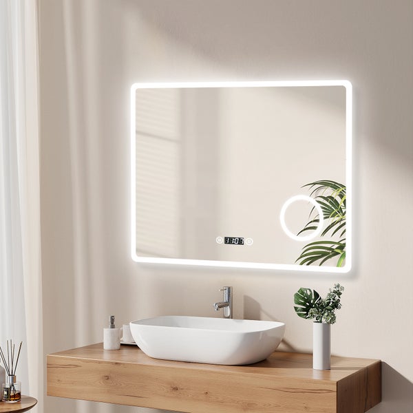 EMKE Badspiegel mit Beleuchtung, LED-Spiegel mit Touchschalter, Anti-Beschlag, Uhr, 3-fache Vergrößerung, 90 x 70 cm, Kaltweiß