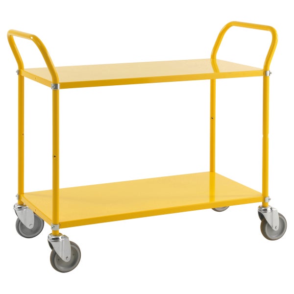 Gelber Transportwagen mit zwei Ablageflächen und Rädern