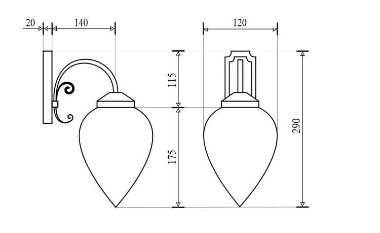 Maßzeichnung einer Wandleuchte mit tropfenförmigem Leuchtenschirm und Wandhalterung inklusive Bemaßungen in Millimeter