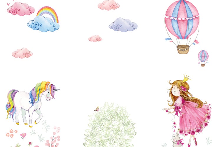 Wandsticker Set mit Einhorn, Prinzessin, Heißluftballon und Regenbogen für das Kinderzimmer