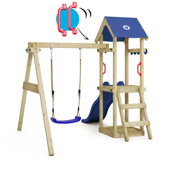 WICKEY Spielturm Klettergerüst TinyWave mit Schaukel und Rutsche, Kletterturm mit Sandkasten, Leiter und Spiel-Zubehör - blau