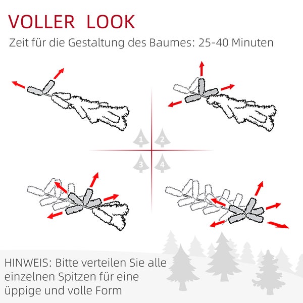 Anleitung zur Gestaltung eines künstlichen Weihnachtsbaums für ein volles Aussehen durch Auffächern der Zweige innerhalb von 25 bis 40 Minuten.