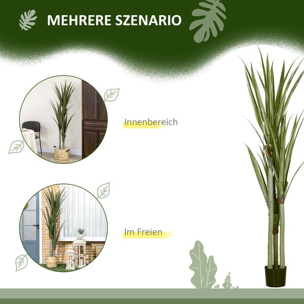 Künstliche Yucca-Palme für den Innen- und Außenbereich, dargestellt in einem Wohnzimmer und auf einer Terrasse.