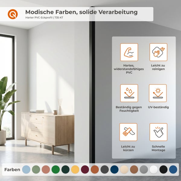 Schwarzes Polyvinylchlorid Eckprofil an einer weißen Wand in hellem Raum mit Sideboard, Pflanze, Icons zu Produkteigenschaften und Farbauswahl.