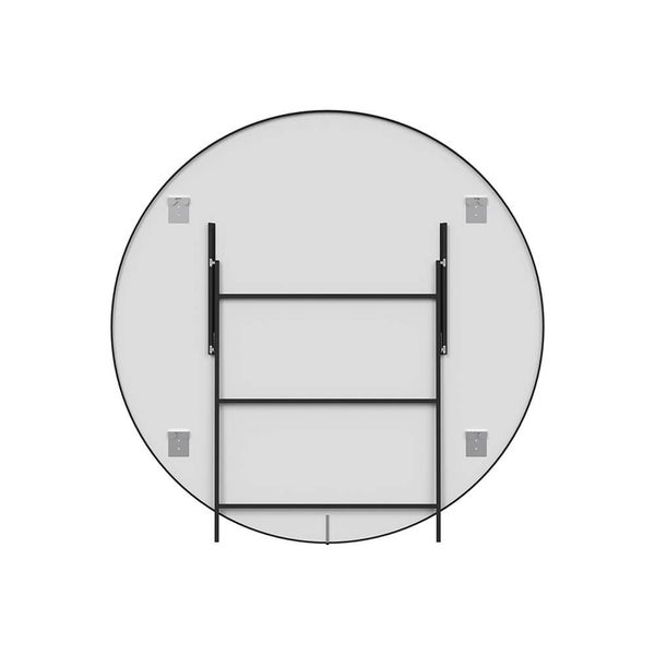 Runder Spiegel mit schwarzem Rahmen und Befestigungssystem auf der Rückseite.