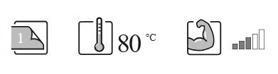 Piktogramme für einschichtiges Auftragen, Temperaturbeständigkeit bis 80 Grad Celsius und hohe Strapazierfähigkeit.