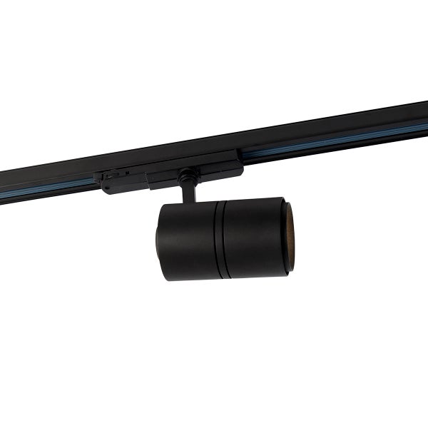 Schwarzer zylindrischer Strahler montiert an einem Schienensystem.