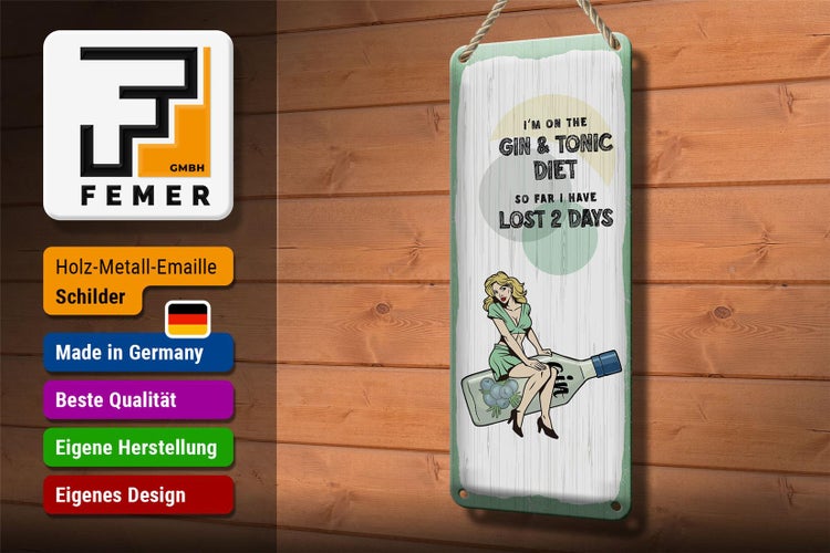 Blechschild Spruch Pinup I´m on the Gin & Tonic Diet 10x27cm