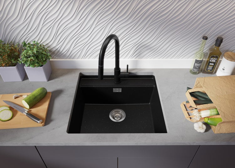 PRIMAGRAN Unterbauspüle Granit Schwarz Metallic 56x53cm, Spülbecken 1 Becken + Küchenarmatur 40x20cm + Ablauf-Set + Schneidebrett, Granitspüle ab 60er Unterschrank - Bergen