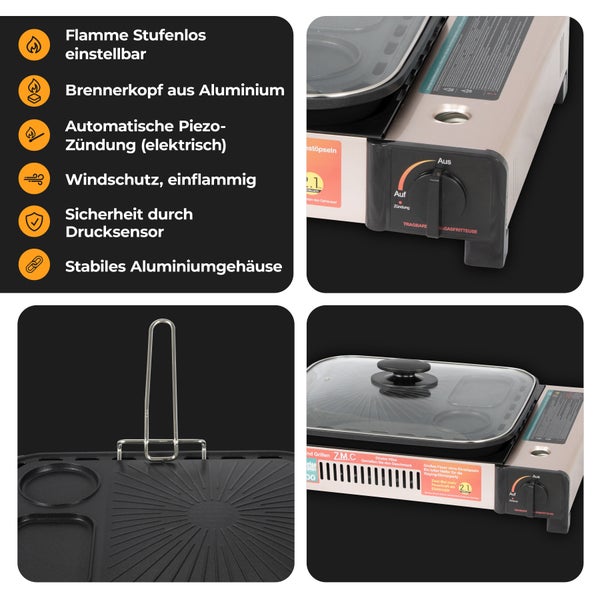 ZMC 2-in-1 Gaskocher und Gasgrill + 24 Gaskartuschen 227g, inkl. Grillplatte, Pfanne, Glasdeckel und Koffer, Campingkocher für innen- und Außenbereich
