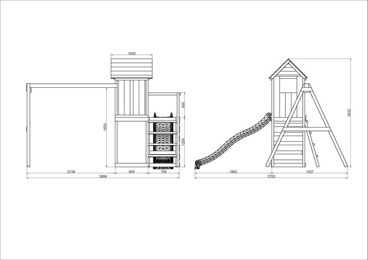 Technische Zeichnung eines Spielturms aus Holz mit Schaukel, Rutsche und Maßangaben in Millimetern.