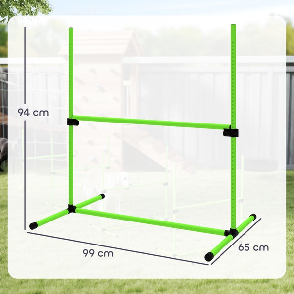 Agility Hürde für Hunde, Höhe 94 Zentimeter, Breite 99 Zentimeter, Tiefe 65 Zentimeter.