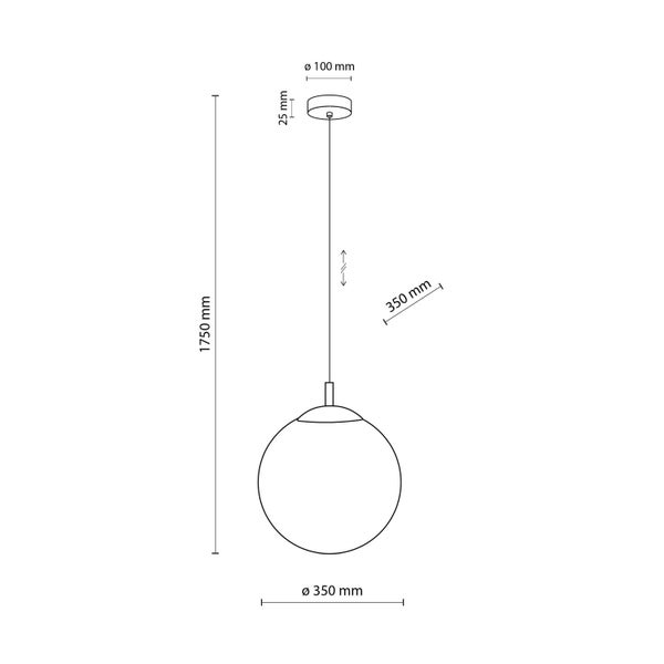 Technische Zeichnung einer Pendelleuchte mit den Maßen: Höhe 1750 mm, Durchmesser Lampenschirm 350 mm, Durchmesser Baldachin 100 mm, Höhe Baldachin 25 mm