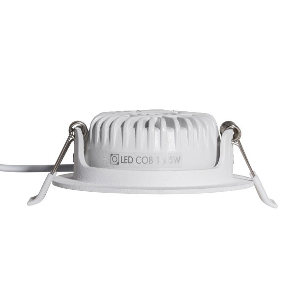 Weißer LED COB Einbaustrahler, 5 Watt, mit Klemmfedern und Kühlkörper.