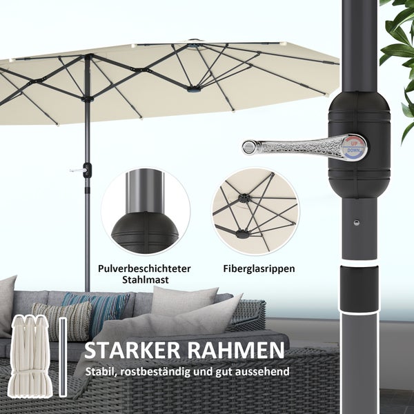 Outsunny Doppelsonnenschirm 436 x 260 cm, UV Schutz Stahl Sonnenschirm mit Handkurbel, oval Balkonschirm Strandschirm windfest stabil Marktschirm Kurbelschirm für Strand Balkon Garten, Beige