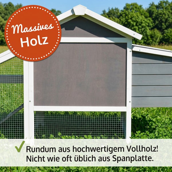 Kleintierstall aus hochwertigem, massivem Vollholz mit stabilem Drahtgitter.