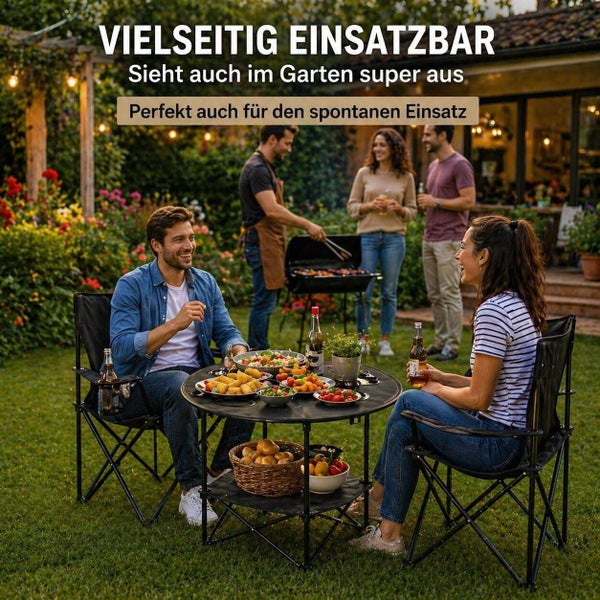 Eine Gruppe von Menschen genießt ein Picknick im Garten mit einem faltbaren Campingtisch und zwei Campingstühlen.