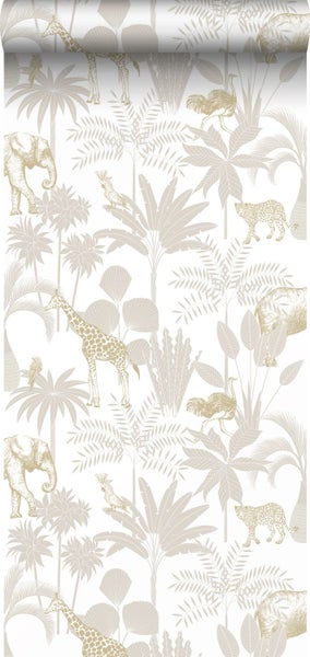 Vliestapete mit Dschungel-Motiv, Abbildungen von Giraffen, Elefanten, Leoparden und Palmen im Vintage-Stil.