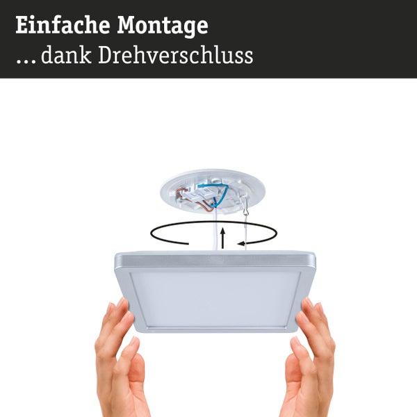 Einfache Montage einer quadratischen LED Deckenleuchte durch einen Drehverschluss.