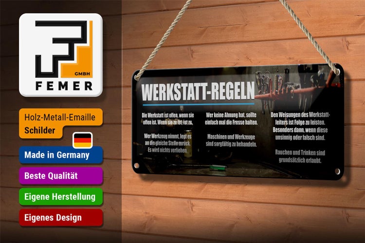 Blechschild Spruch 27x10cm Werkstatt Regeln offen wenn offen