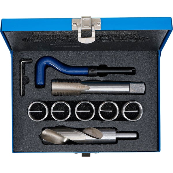 Werkzeugsatz zur Reparatur von Zündkerzengewinden in einer blauen Metallbox