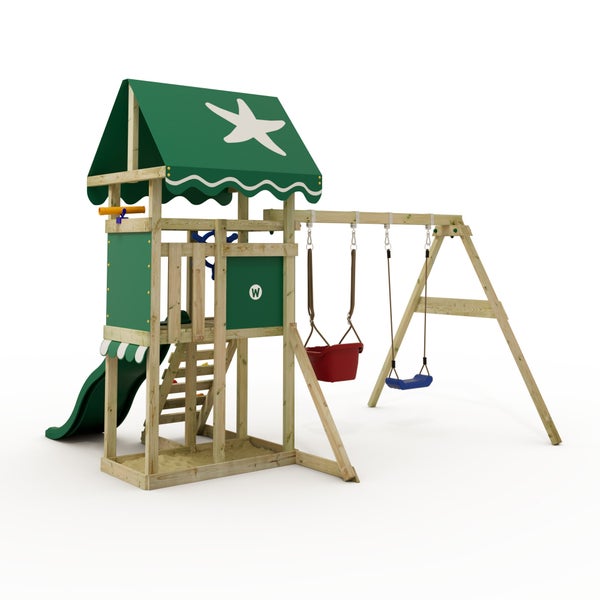 WICKEY Spielturm Klettergerüst DinkyStar mit Schaukel und Rutsche, Kletterturm mit Sandkasten, Leiter und Spiel-Zubehör – grün