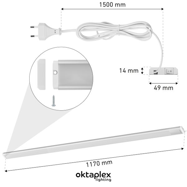 Technische Zeichnung einer Oktaplex Lighting LED Unterbauleuchte mit Kabel und Schalter sowie Maßen in Millimetern.