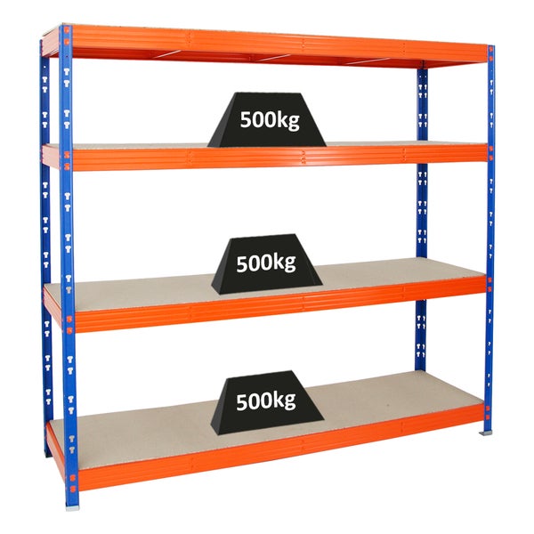 PROREGAL Profi Schwerlastregal Rhino HxBxT 180 x 200 x 60 cm 4 Spanplatten-Ebenen 8mm Fachlast 500 kg Blau/Orange
