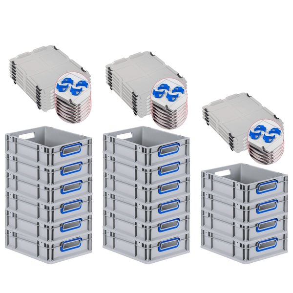 PROREGAL Spar Set 16x Eurobox Nextgen Color Mit Auflagedeckel & Schiebeschnappverschlüsse HxBxT 12 x 30 x 40 cm Griffe Blau Offen Glatter Boden