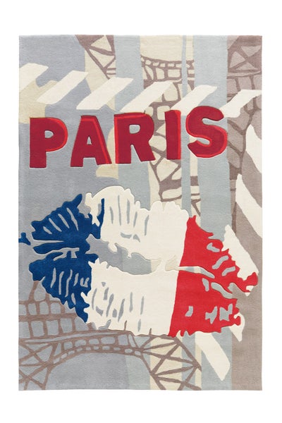 Rechteckiger Teppich mit Paris-Motiv, rotem Paris-Schriftzug, Lippen in den Farben der französischen Flagge und Eiffelturm-Silhouette.