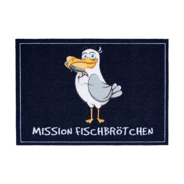 Fußmatte mit Möwenmotiv und dem Schriftzug Mission Fischbrötchen